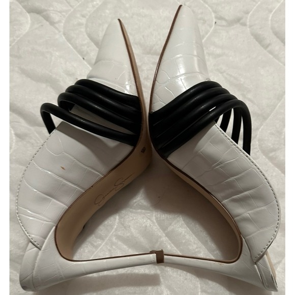 Jessica Simpson White Croc Embossed Mules Heels Black Strappy Womens Size 6M - Picture 4 of 7